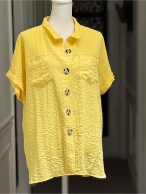 John Mark Yellow Crinkle Textured Dolman Sleeve Camp Shirt Blouse Size L